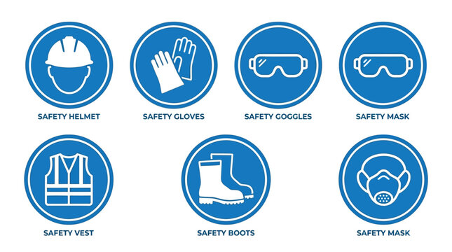 Safety Personal Protective Equipment (PPE) Icons for Construction Industry, Isolated on White Background