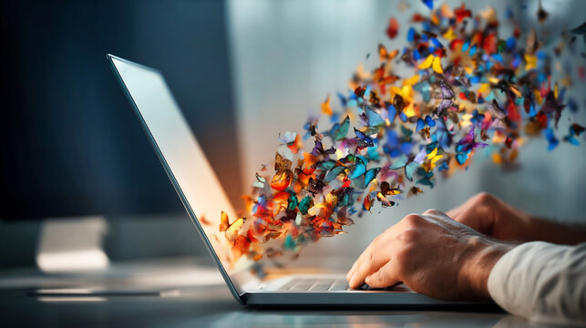 Hands type on a laptop as colorful digital butterflies burst from the screen. Surreal motion and glowing particles create a futuristic technology concept.