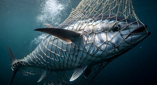 Large tuna fish struggling to escape from a fishing net underwater