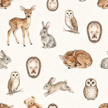 Woodland Animals Seamless Pattern with Deer Rabbit Owl and Hedgehog
