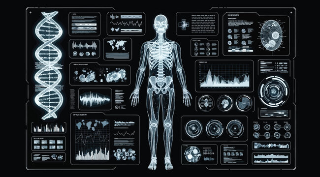 Futuristic medical interface with human skeleton, dna helix, and data analysis charts