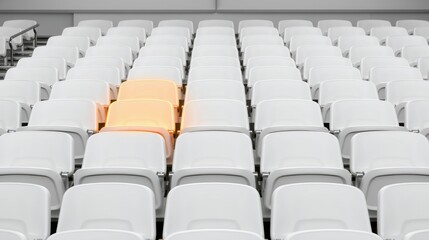 Obraz premium Empty stadium seats. Rows extend into darkness. One seat highlighted, orange color contrasts white surroundings. Quiet, stillness present.