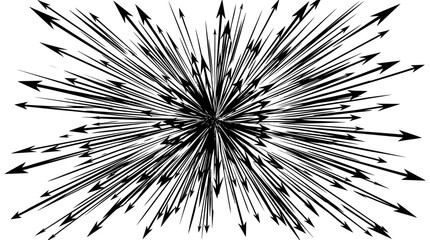 Monochrome illustration of black arrows radiating rapidly from a central point, symbolizing speed and expansion on an isolated white background. © ekhan