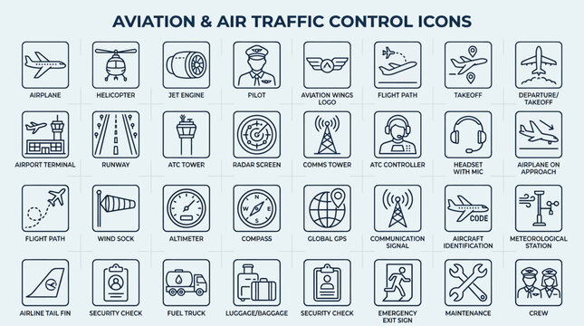 Comprehensive set of line icons representing aviation and air traffic control concepts, on a bright background.