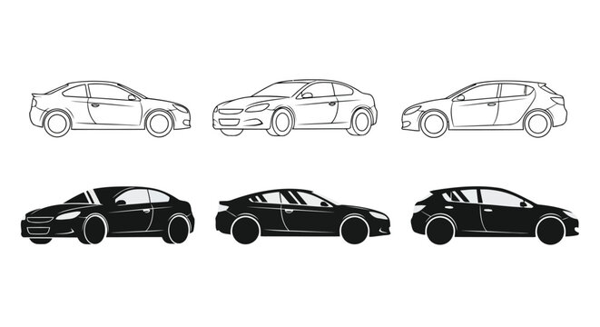 Evolution of sedan and hatchback car designs through sketch and final render stages Vector