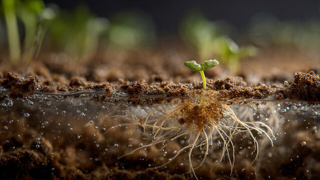 Macro close-up of plant roots absorbing nutrients in moist soil with green sprout above. Concept of nutrient uptake, soil biology interaction, and foundation of healthy plant development.