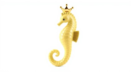 Fototapeta premium Golden seahorse figurine wearing small crown. Smooth texture, elegant form, isolated on white background. Delicate details present.