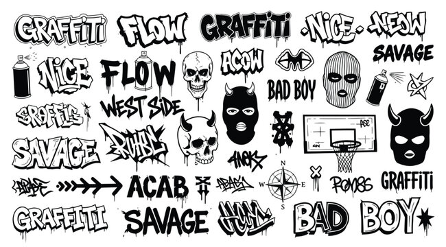 Graffiti street art elements set with skulls, masks, spray cans, and lettering