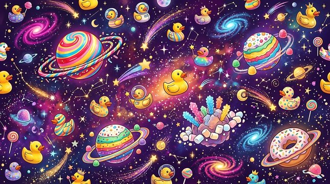 Vibrant Cosmic Scene with Rubber Ducks.