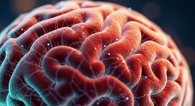 A detailed close-up view of a human brain with visible convolutions and a dark background