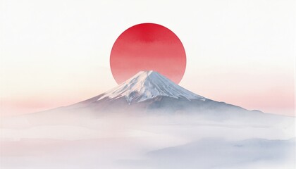 Mount Fuji with large red sun behind peak in style of traditional Japanese art. Iconic landscape symbol of Japan. Cultural heritage, national pride, travel and tourism concept.