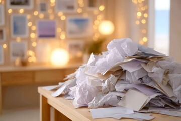 Paper clutter and creative chaos in cozy workspace