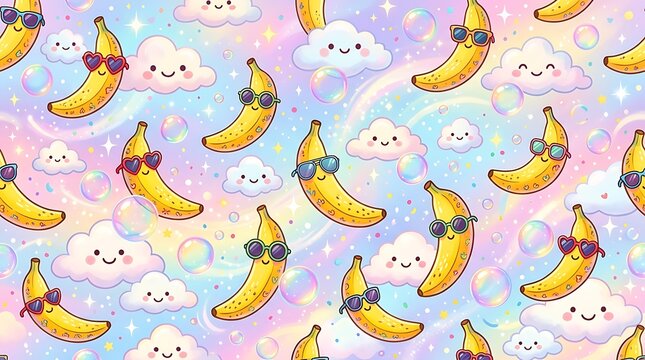 Smiling cartoon bananas and clouds pattern.
