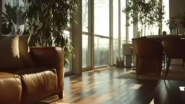 Luxurious Living Room with Leather Sofa and Plants.