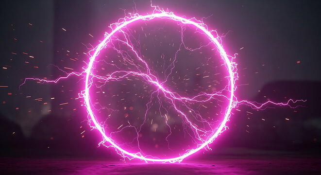 Electric, neon pink lightning circle, glowing orb, energy pulse, vibrant purple