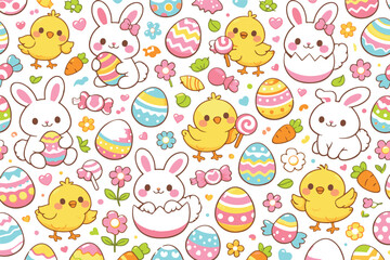 Obraz premium Kawaii Easter Seamless Pattern with Cute Bunny Chicks and Colorful Eggs