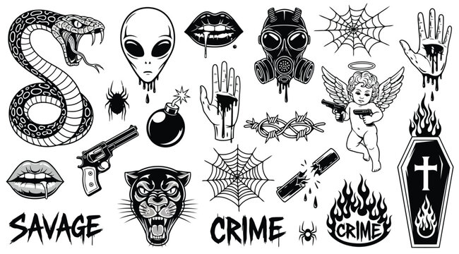 Set of vintage tattoo elements, including snake, alien, lips, gas mask, spider web, hand, bomb, gun, panther, barbed wire, cupid, broken baton, and coffin