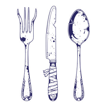 Dark blue ink line of a weathered fork a serrated knife with a wrapped handle and a cracked spoon isolated on a white background