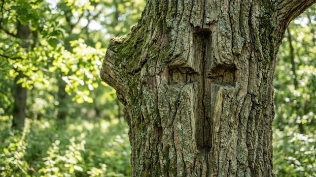 Multiple carved crosses on a tree trunk in a forest. Religious symbol embedded in nature, a pilgrimage trail and spiritual journey concept.