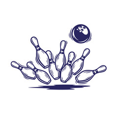 Fototapeta premium Dark blue of a bowling ball striking and scattering ten pins in a dynamic motion sequence on a white background