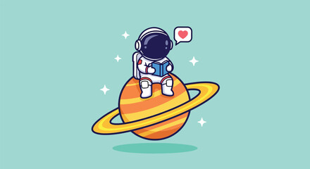 Cute Astronaut Reading a Book on Saturn Planet with Heart Symbol. © NFS Studio