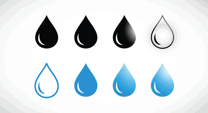 Variations of water droplet icons in black, gray, and blue colors Vector