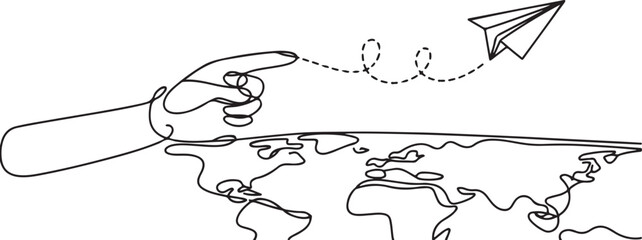 Pointing location at map and paper plane, hand drawn way destination continuous contour, One Continuous line drawing of aircraft flight routes and airport destinations. © Misho x Mamun