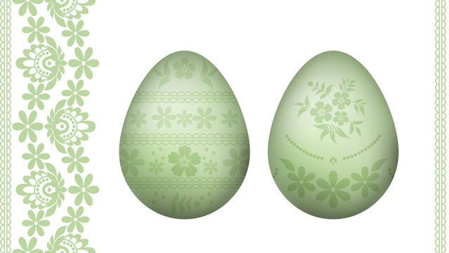 Isolated 3D green Easter egg and seamless botanical lace border on transparent background. Mint green decorative egg with rabbit and spring leaves set.