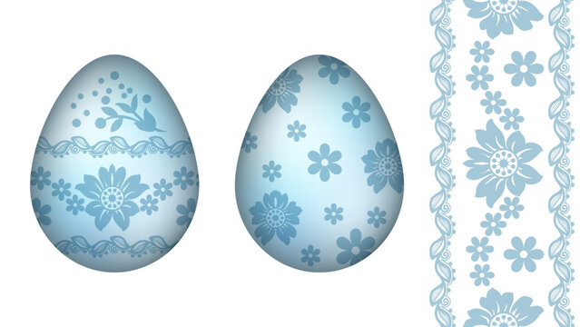 Isolated 3D blue Easter egg and seamless horizontal floral lace pattern on transparent background. Decorative turquoise egg with bunny and flowers set.