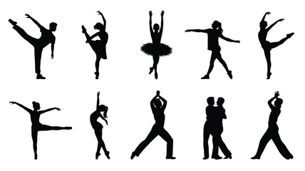 Fototapeta premium Dancing Silhouette Set with Hip Hop, Ballet and Freestyle Dance Poses