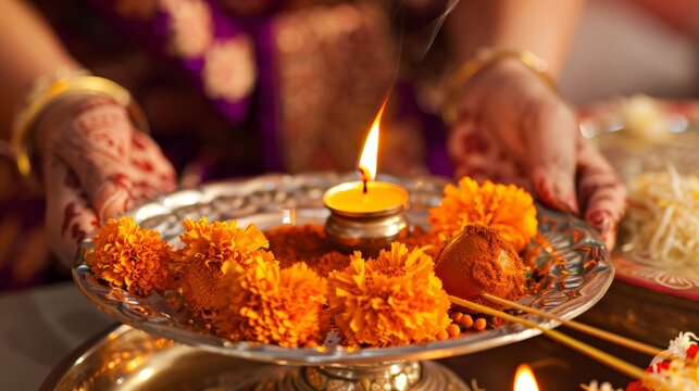 Woman holding metal plate with burning diya lamp and marigold flower for Gudi Padwa. Indian festival celebration, traditional puja ritual, spiritual prayer, culture, religion, light.