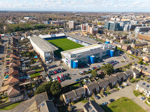 Aerial view above Peterborough United Football Club Stadium in Peterborough, UK