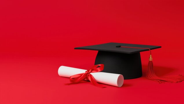 Black graduation cap with red tassel and diploma on red background black cap red ribbon 1