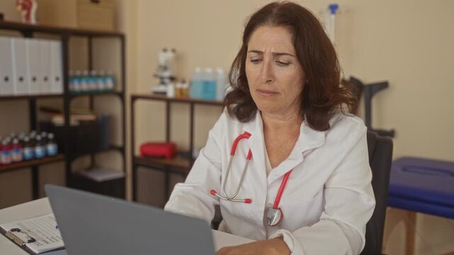Woman doctor with stethoscope at laptop, hand on chin studying patient notes in a medical building, furrowed brows and thoughtful pose; concerned focus.
