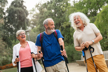 Happy senior friends having fun, bonding and walking in the park 
