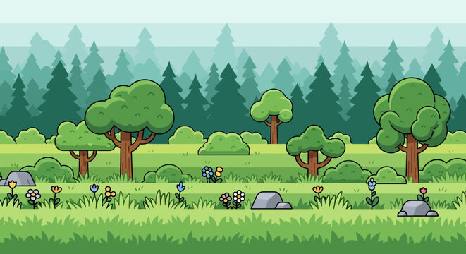 Whimsical forest landscape, cartoon trees, green grass, colorful flowers, vector illustration, nature background, scenic scenery