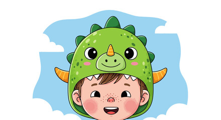 Obraz premium Cartoon child wearing green dinosaur hood, smiling face, playful kids illustration, vector character