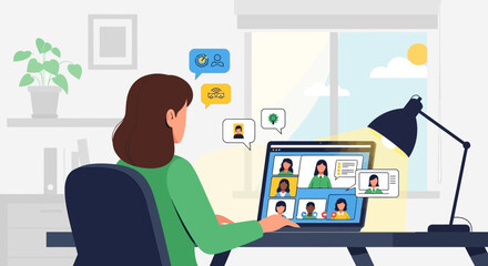 Naklejka premium Remote worker, online meeting, video conference, virtual team, office illustration, modern workspace, telecommuting, digital communication, business productivity, woman at desk
