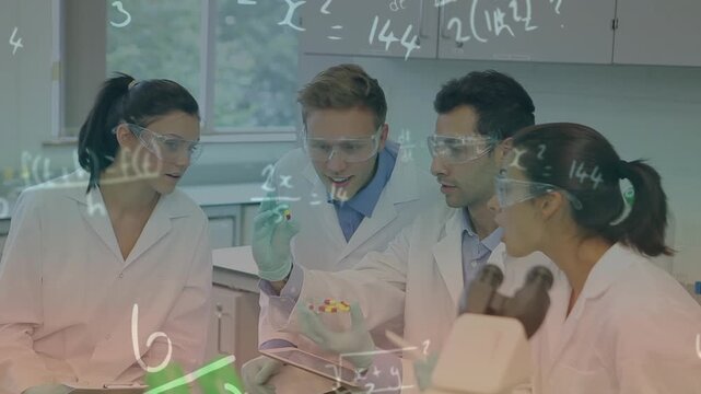 Animation of mathematical equations over diverse scientist in lab cityscape