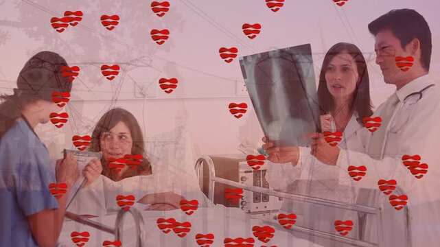 Animation of heart icons over diverse doctors and patient