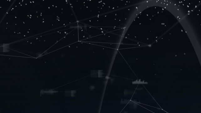 Animation of snow falling over network of connections on black background