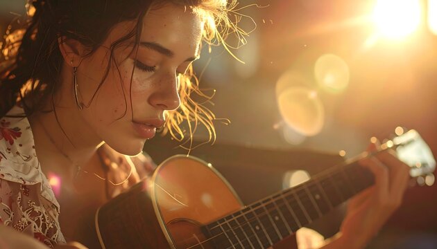 Woman playing acoustic guitar musically outdoors.