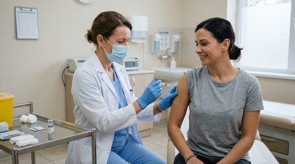 Obraz premium A doctor administering a vaccine to a patient in a clinical setting, sterile environment, soft lighting, photorealistic detail, 8K, no logos, no branding, no trademarks\