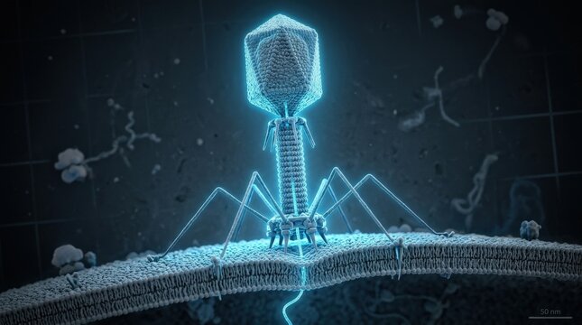 Photorealistic hyper-detailed micro-imaging of a T4 bacteriophage viral particle with icosahedral capsid head, helical tail sheath, tail fibers, and baseplate pins precisely modeled, glowing electric