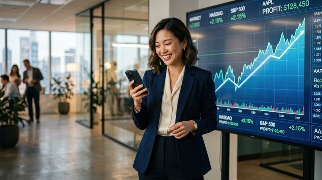 A young and stylish Asian businesswoman beaming with confidence while reviewing a rising stock market graph on her smartphone screen, standing beside a large illuminated financial trading monitor