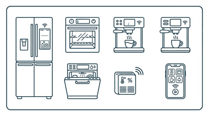 Set of Smart Kitchen Appliances and IoT Line Icons in Bright Studio Style © yayaya