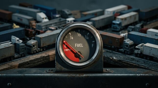 Chrome fuel gauge needle hovering at absolute empty positioned in crisp focus against blurred miniature toy freight trucks, harsh directional side lighting casting long shadows from the gauge needle,