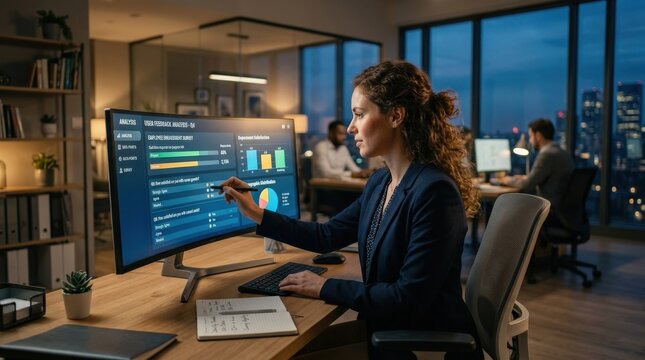 A survey analysis concept with a person interacting with digital questionnaires on a screen, modern office, cinematic lighting, 8K, no logos, no branding, no trademarks\