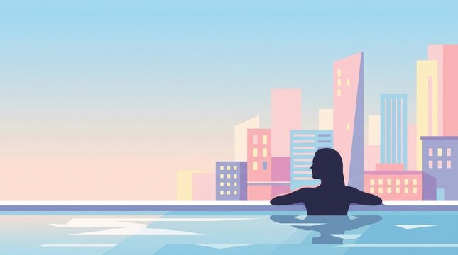 Silhouette of Person Relaxing in Rooftop Pool with City Skyline at Sunset