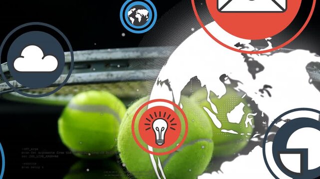 Animation of icons and globe over tennis racket and ball